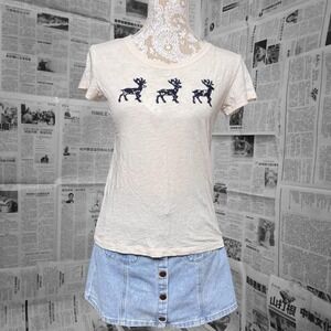 J.Crew Ivory Cotton Embroidered Reindeer Holiday T Shirt Women's Small Festive